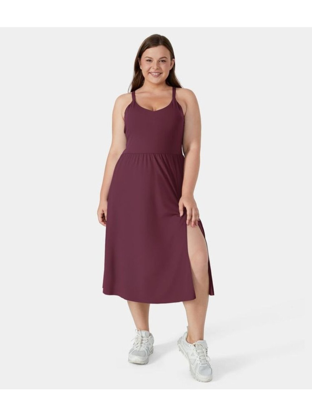 NWT Halara Womens Burgundy Everyday Racerback Midi Chill Dress Shelf Bra Size 2X